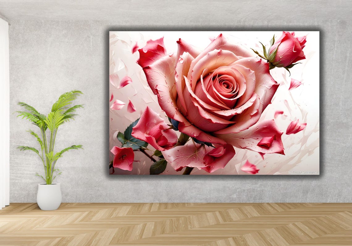 Pink Rose Macro Floral Art Falling Petals Romantic Bloom Poster - Image 2