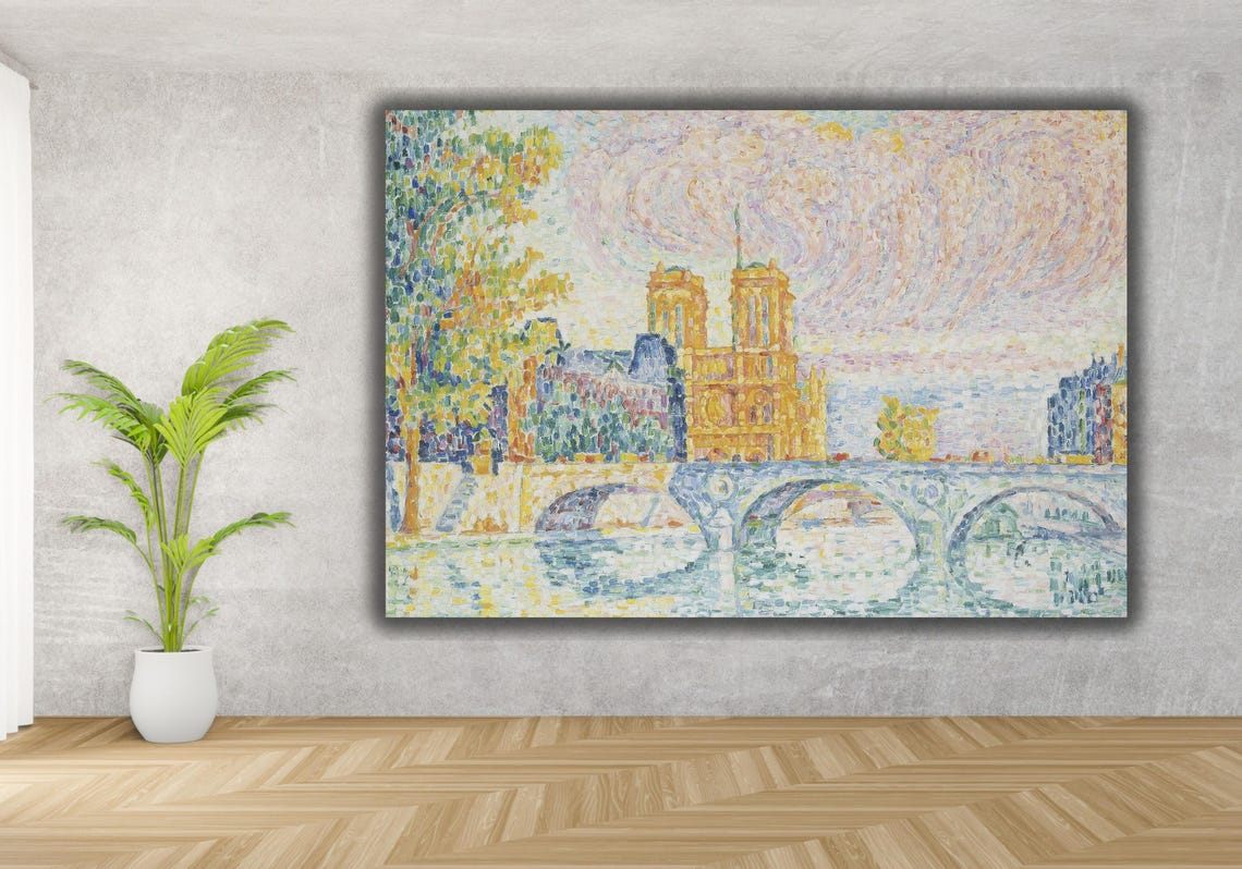 Notre Dame Cathedral Paris Pointillist Seine Bridge Art Poster - Image 3