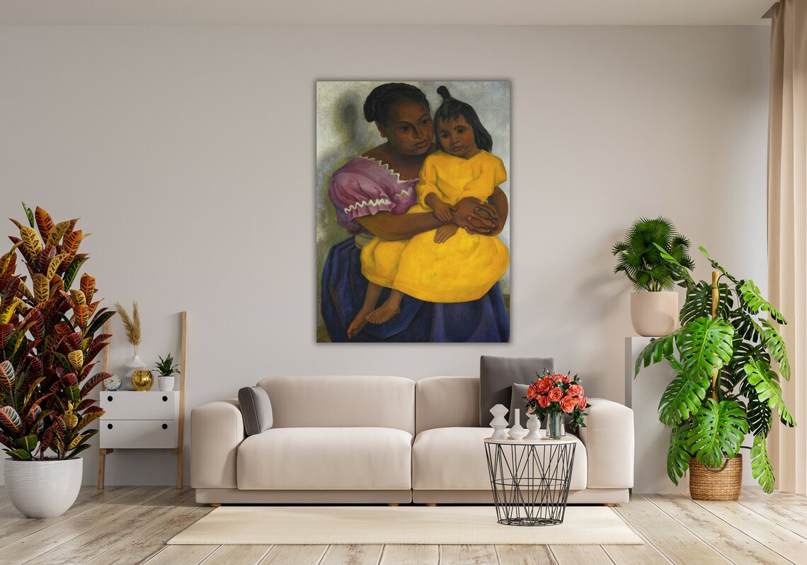 Mother and Child Colorful Folk Portrait in Yellow Dress Art Poster - Image 3