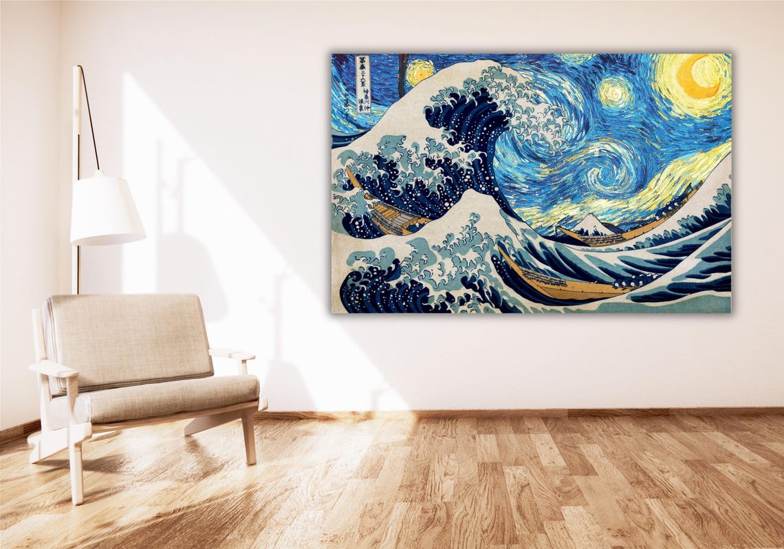 Great Wave Meets Starry Night Swirling Sky Japanese Woodblock Poster - Image 3
