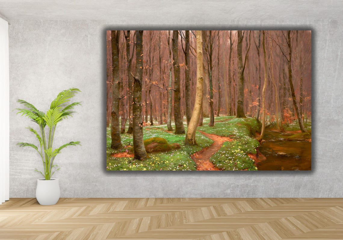 Spring Forest Path Painting Tall Trees Winding Trail Stream Poster - Image 3