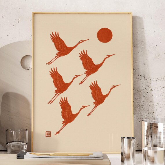 Five Terracotta Cranes Flying Toward A Red Sun Minimalist Japanese Art Poster