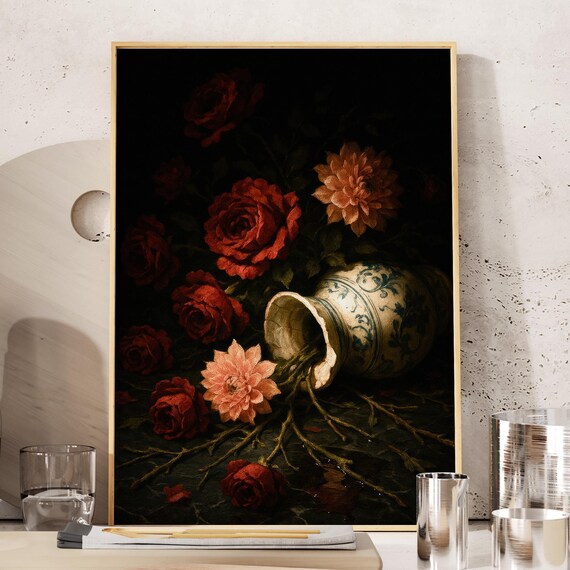 Dark Academia Still Life Of Red Roses Spilling From A Tipped Porcelain Vase Poster