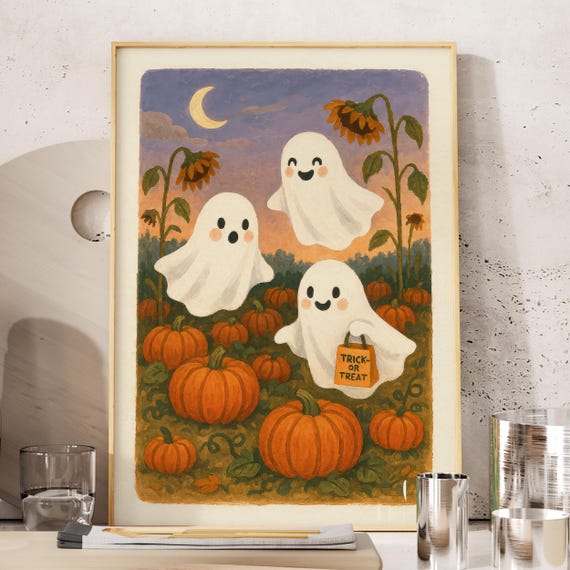 Halloween Print With Cute And Pumpkins Kids Room Whimsical Fall Spooky Wall Art Happy