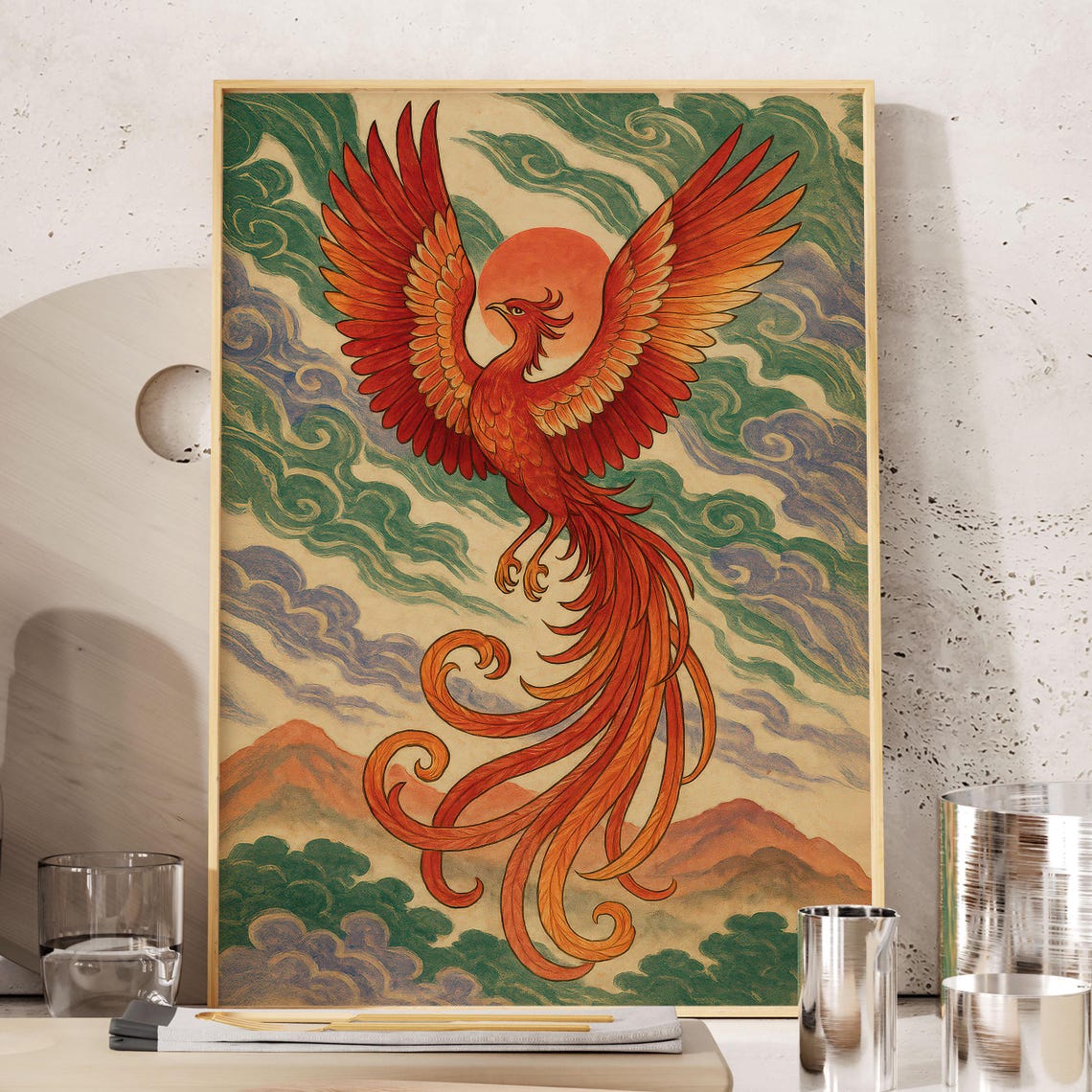 Fiery Phoenix Rising Sun Traditional Japanese Mythology Bird Poster