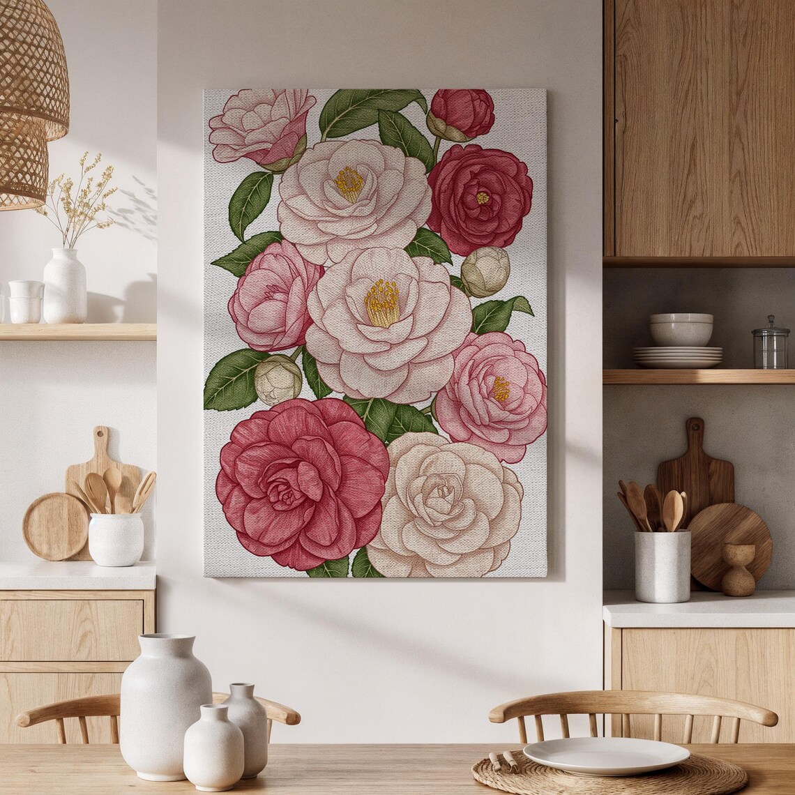 Pink Camellia Blossoms Vintage Botanical Floral Illustration Poster