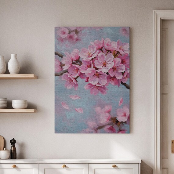 Pink Cherry Blossom Branch with Drifting Petals on a Pale Blue Sky Painting Poster