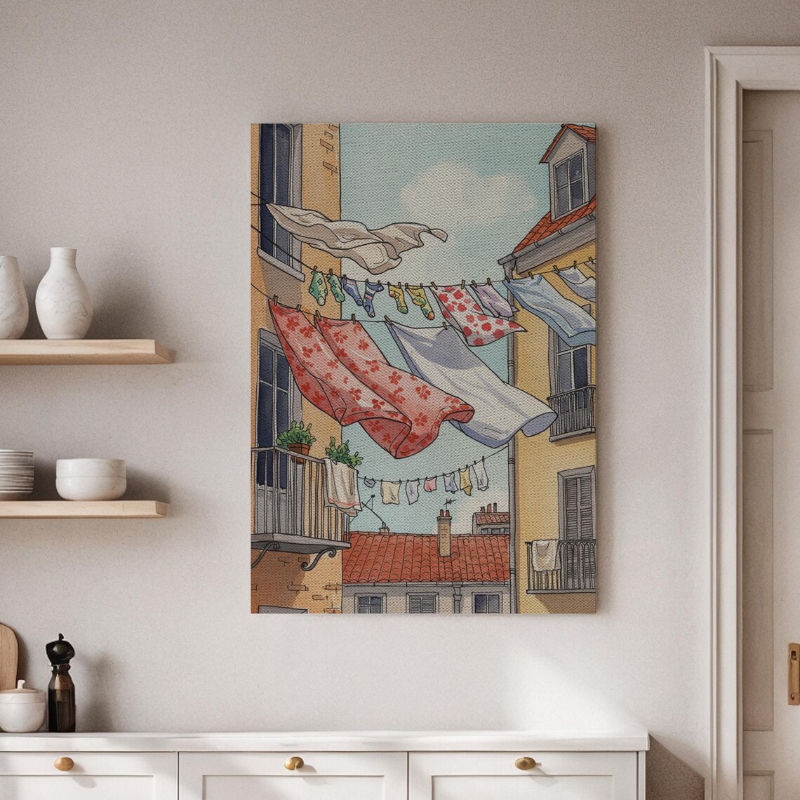 Laundry Day Mediterranean Courtyard Colorful Street Art Poster
