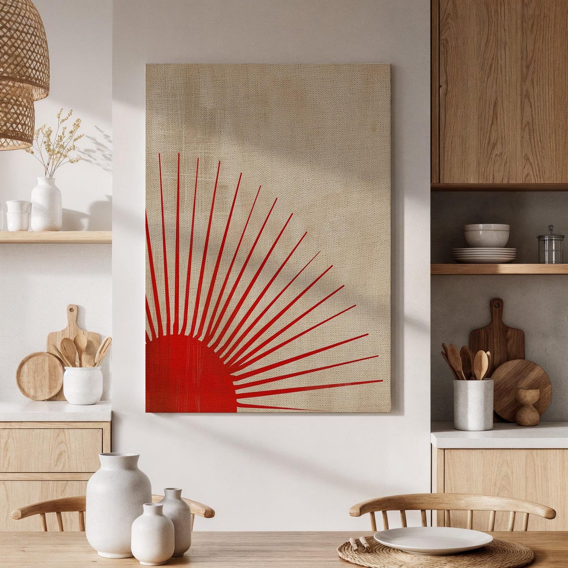 Warm Red Sunburst Minimalist Rising Sun Linen Texture Wall Art