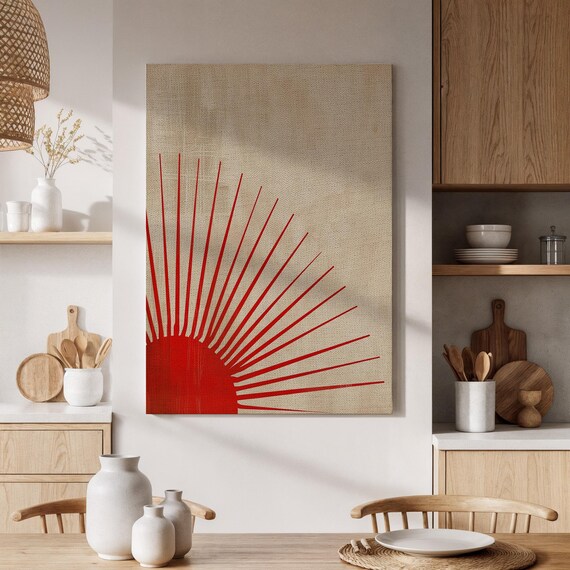 Framed Red Sun Canvas Art Minimalist Sunburst Painting Abstract And Beige Wall Decor Modern For Living Room Or Office