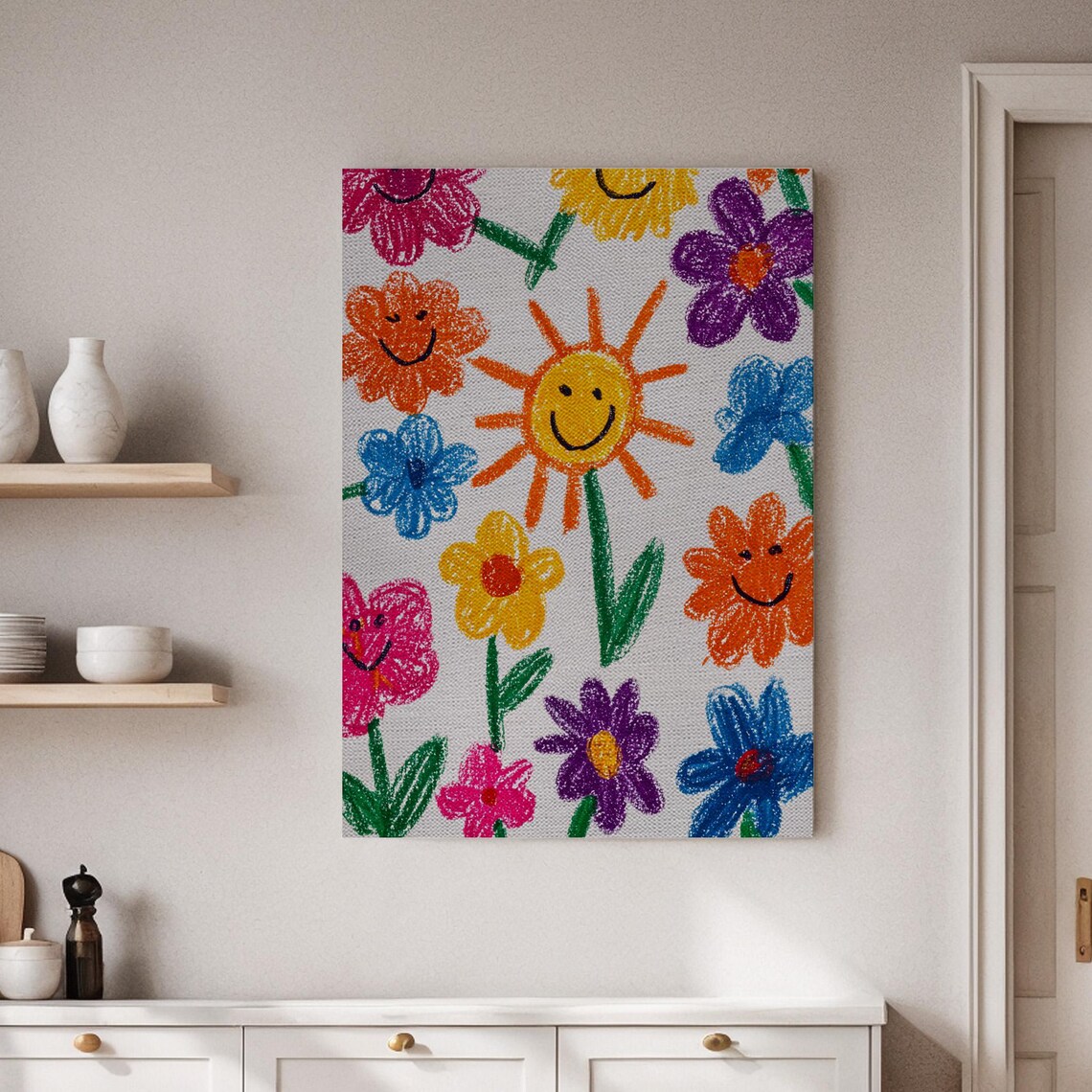 Smiling Flowers Crayon Style Colorful Nursery Kids Art Poster