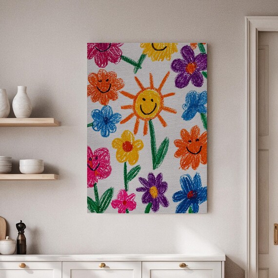 Smiling Flowers Crayon Style Colorful Nursery Kids Art Poster