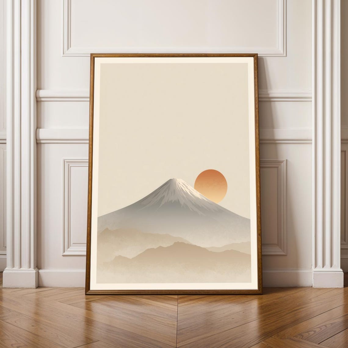 Mount Fuji Misty Sunrise Beige Calm Minimalist Japanese Poster