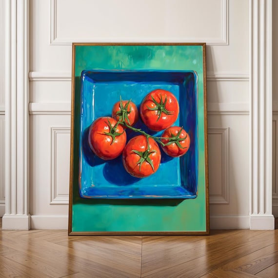 Five Vine Tomatoes on Blue Dish Colorful Kitchen Still Life Poster