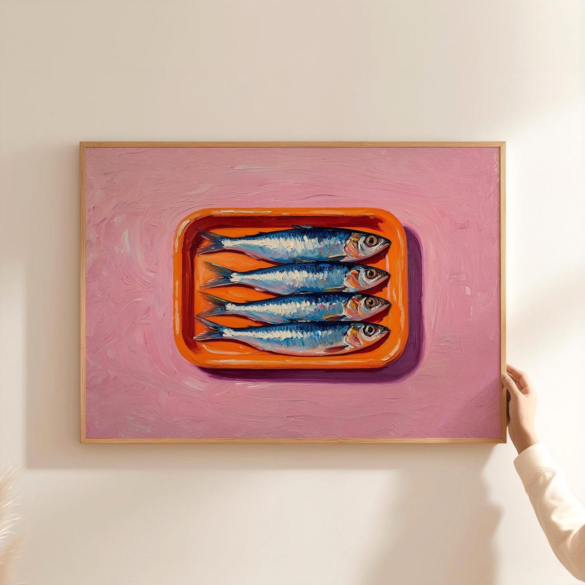 Four Sardines on Orange Tray Pink Retro Kitchen Decor Poster