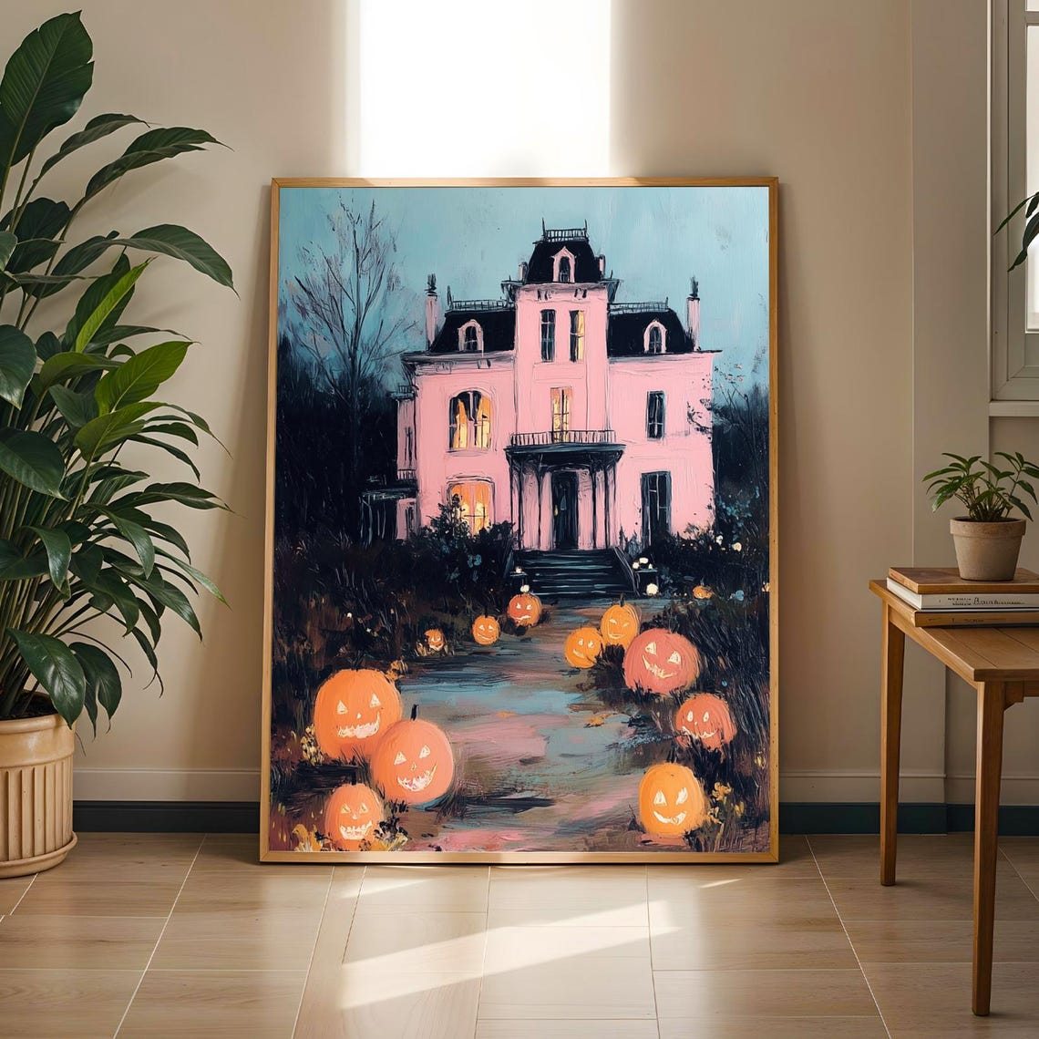 Pink Halloween Wall Art Haunted House Goth Poster Cute Decor For Dorm Living Room Entryway Pastel Spooky Fall Print