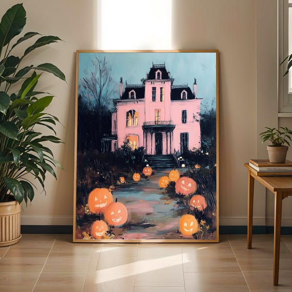 Pink Halloween Wall Art Haunted House Goth Poster Cute Decor For Dorm Living Room Entryway Pastel Spooky Fall Print