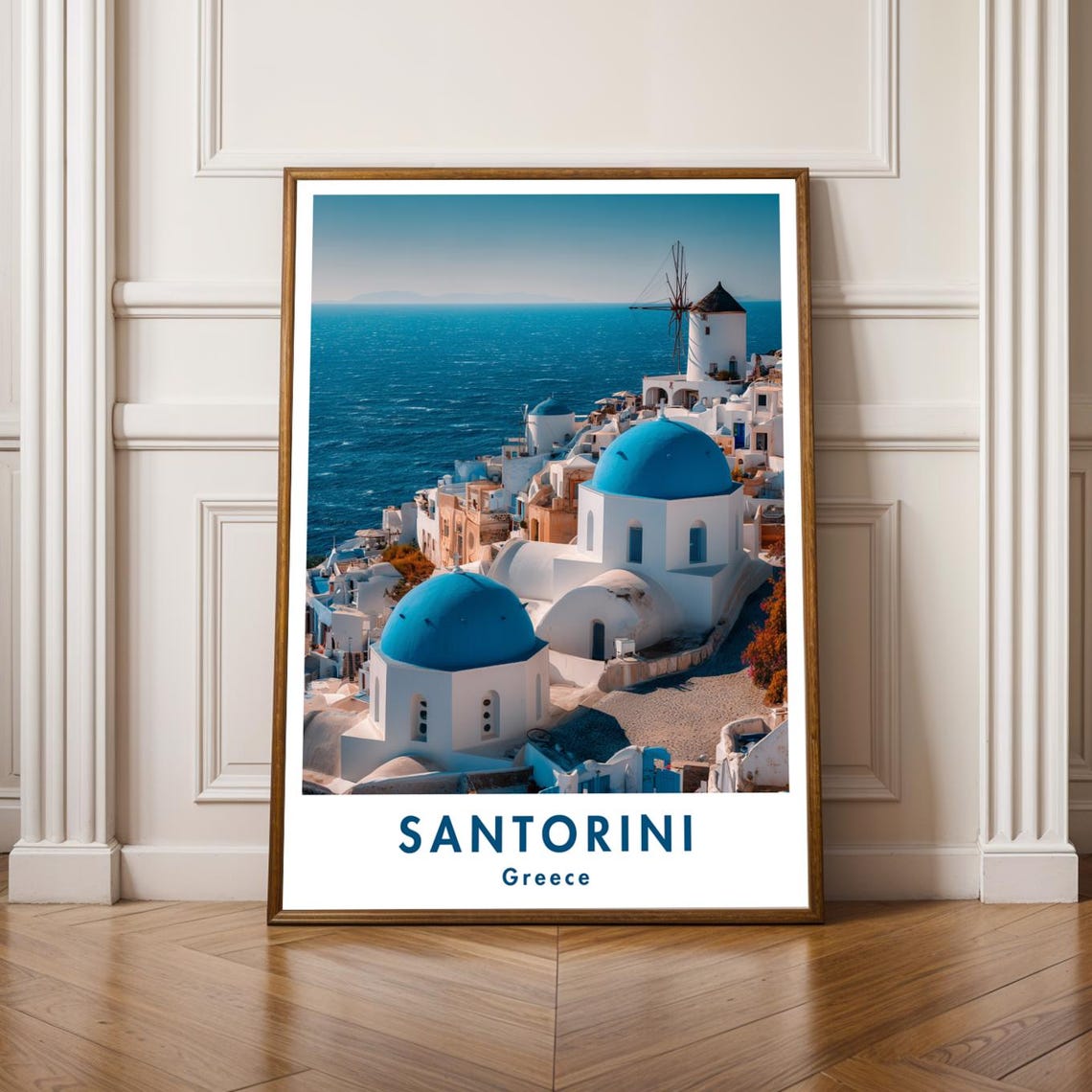 Santorini Blue Domes Windmill Greece Aegean Sea Travel Poster
