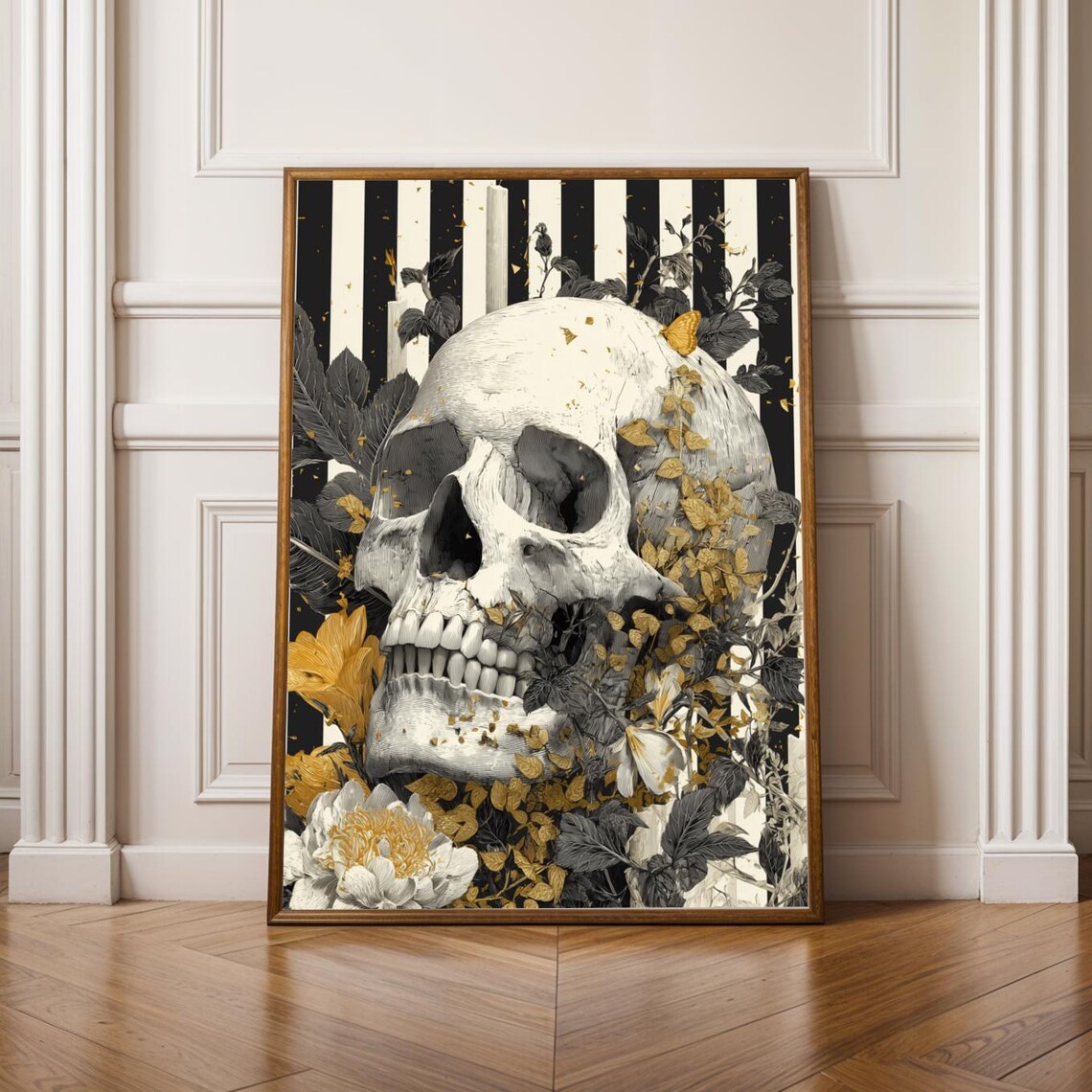 Skull With Flowers Vintage Gouache Poster
