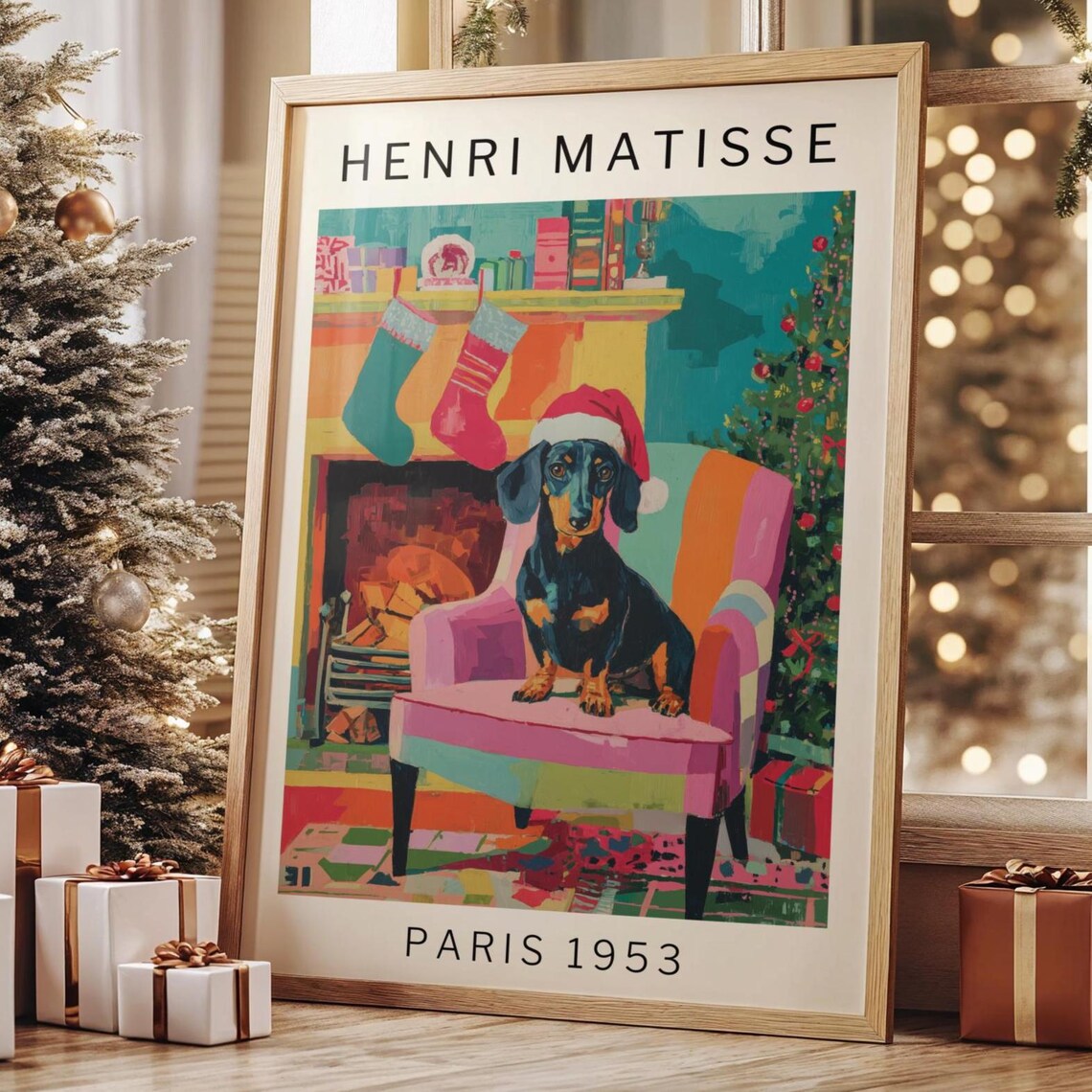 Dachshund in Santa Hat on Pink Chair by Fireplace Matisse Poster