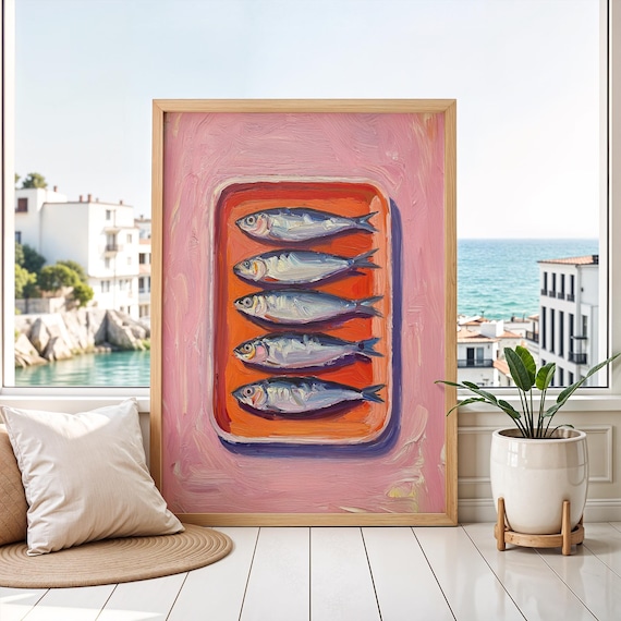 Sardine Can Wall Art Print Fun Kitchen Poster Warm Tone Mediterranean Oil Painting Tinned Fish Textured Dopamine Decor Physical