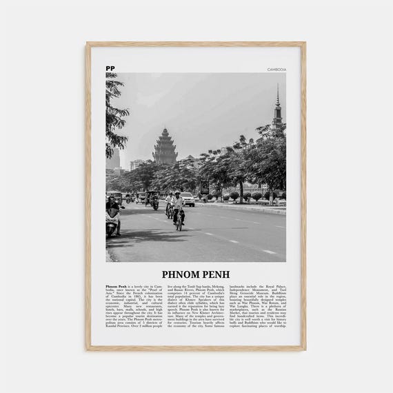 Phnom Penh Black and White Travel Poster, Cambodia