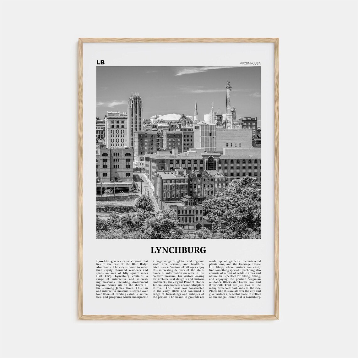 Lynchburg Black and White Map Art Print, Virginia