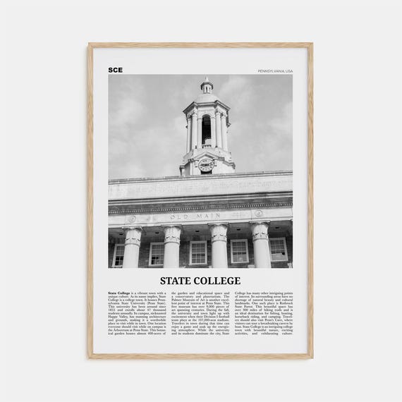 State College Black and White Travel Poster, Pennsylvania
