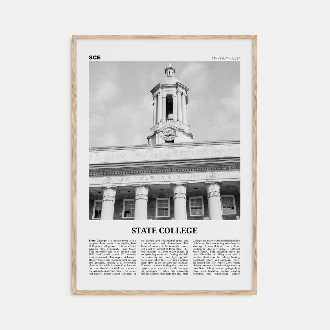 State College Black and White Travel Poster, Pennsylvania