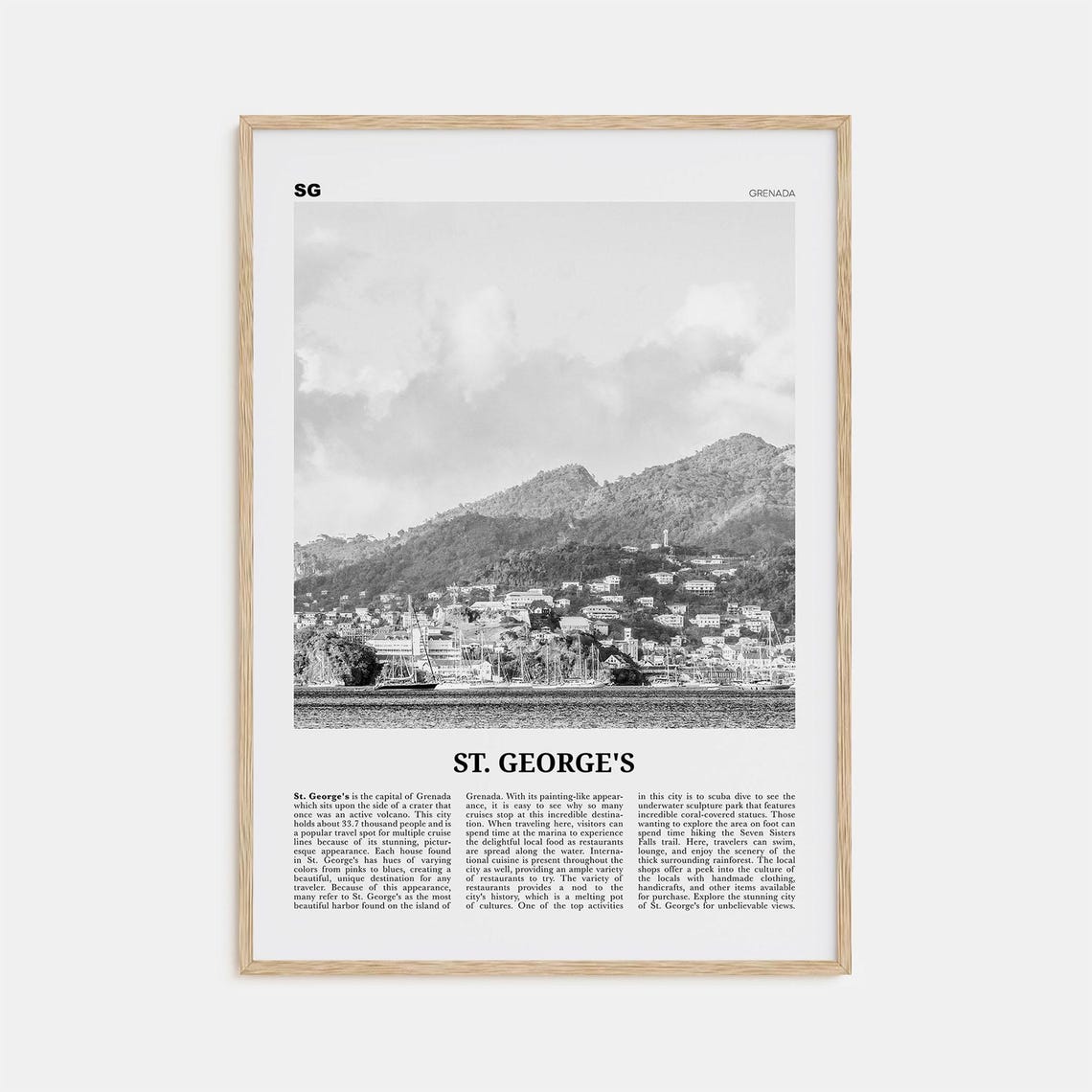 St Georges Grenada Travel Poster, Black And White