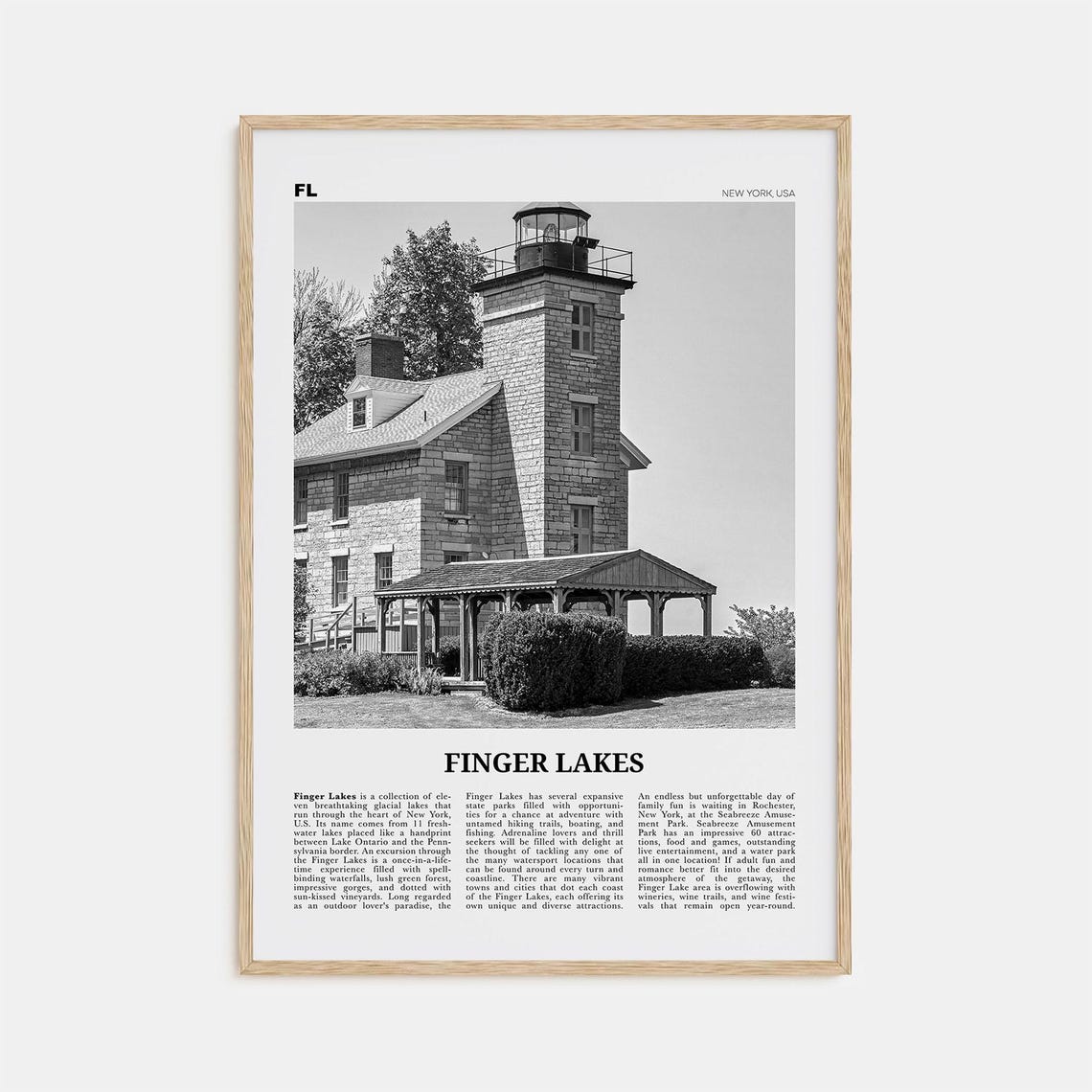 Finger Lakes Black and White Travel Poster, New York