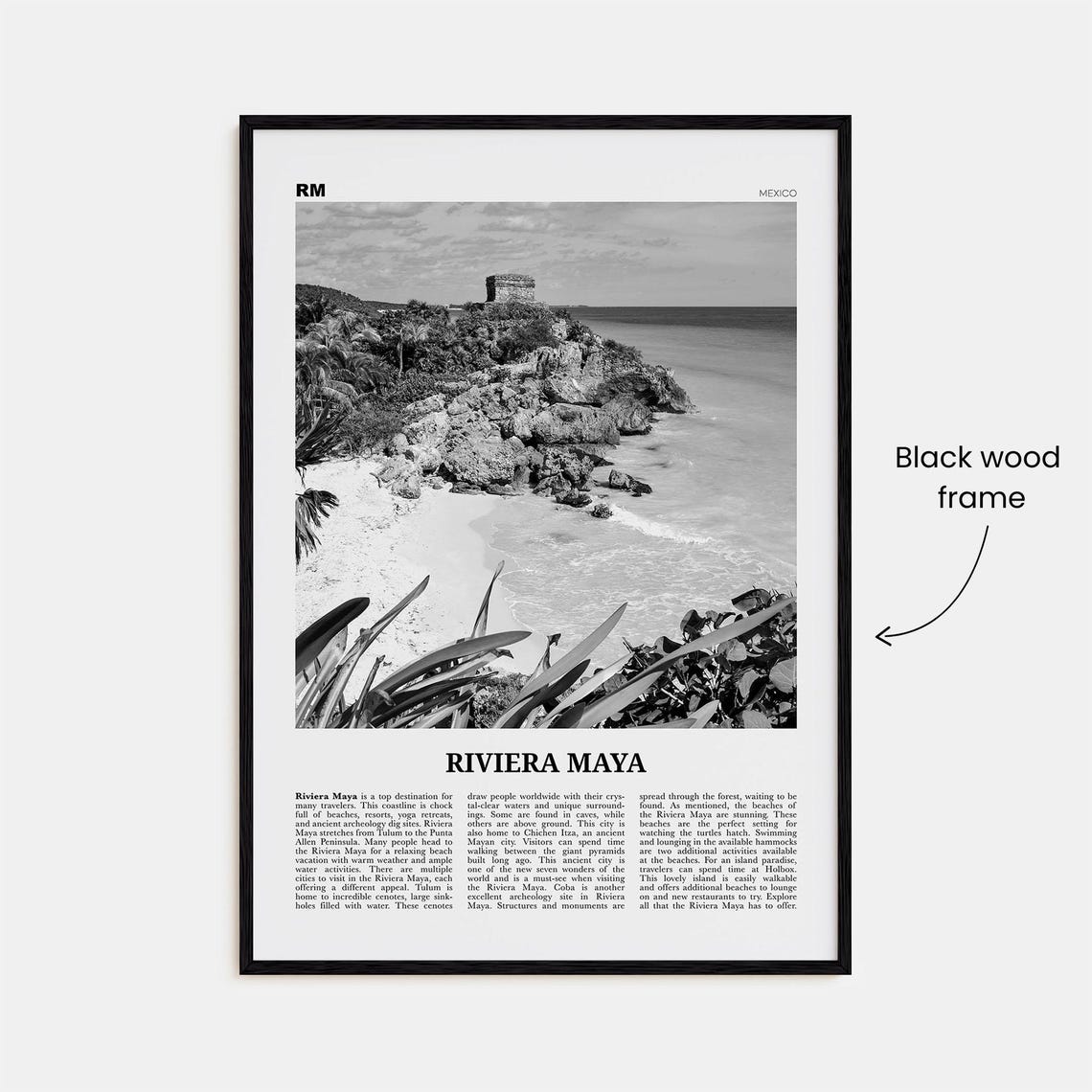 Riviera Maya Map, Black and White Travel Poster - Image 3