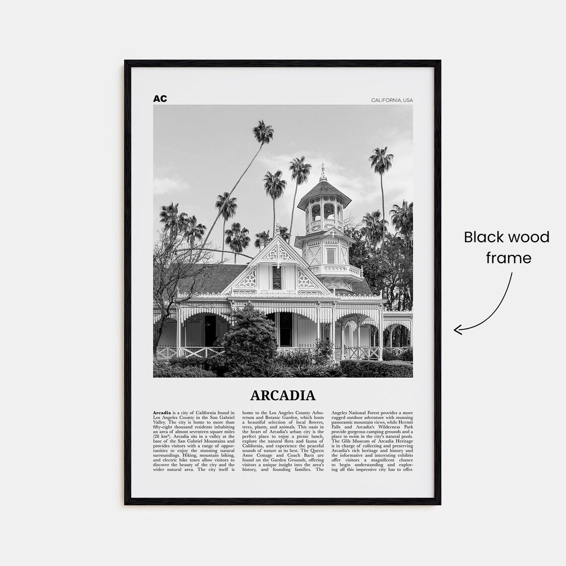 Arcadia California Travel Poster, Black and White - Image 3