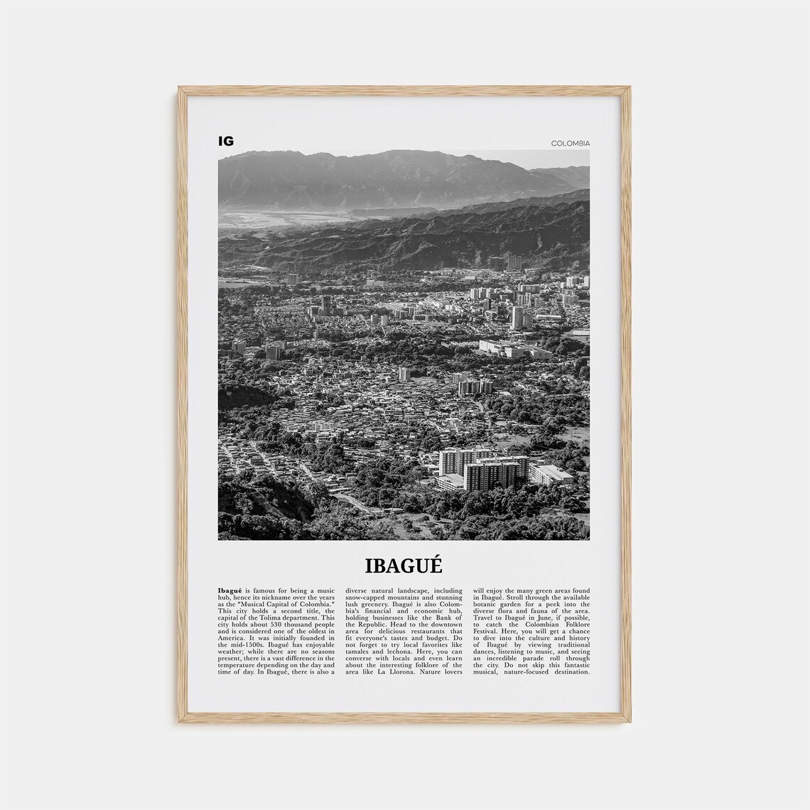 Ibague Black and White Map Poster, Colombia