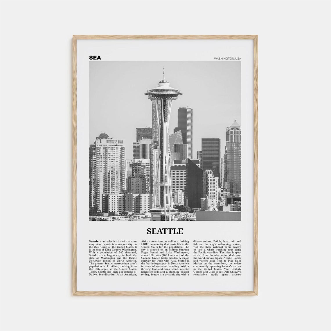 Seattle Black and White Travel Poster, Washington USA