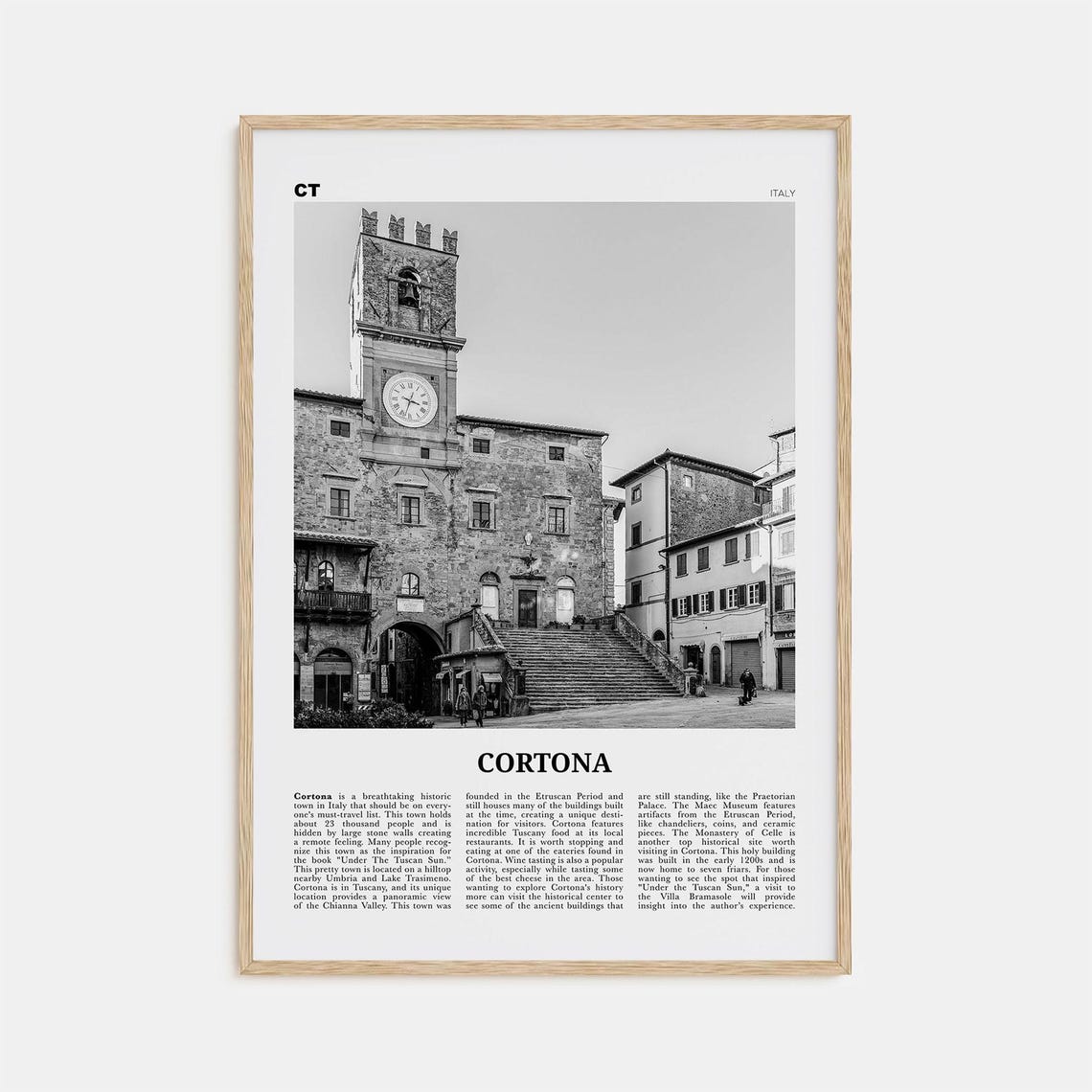 Cortona Black and White Travel Poster, Italy Map