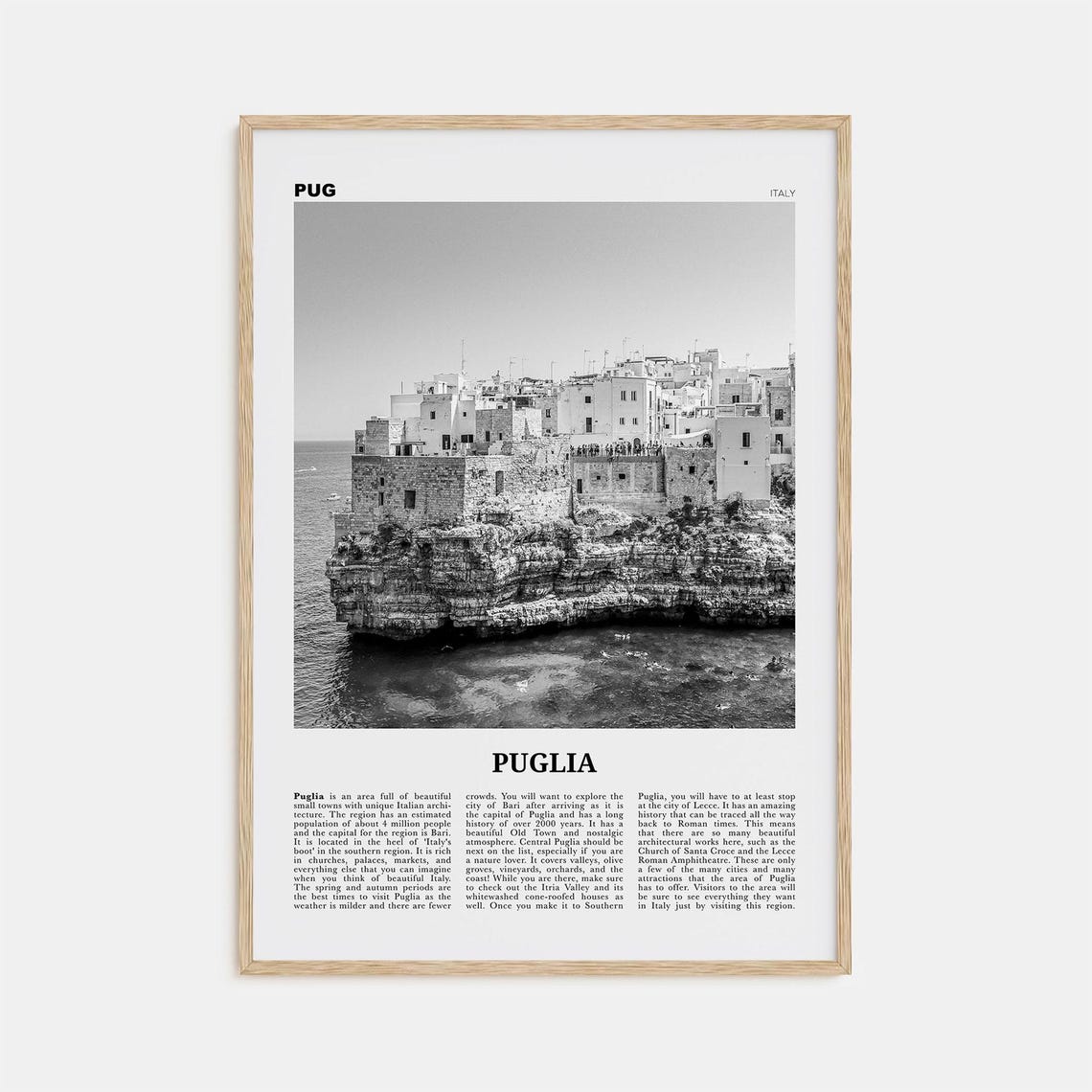 Puglia Black and White Travel Poster, Bari Italy