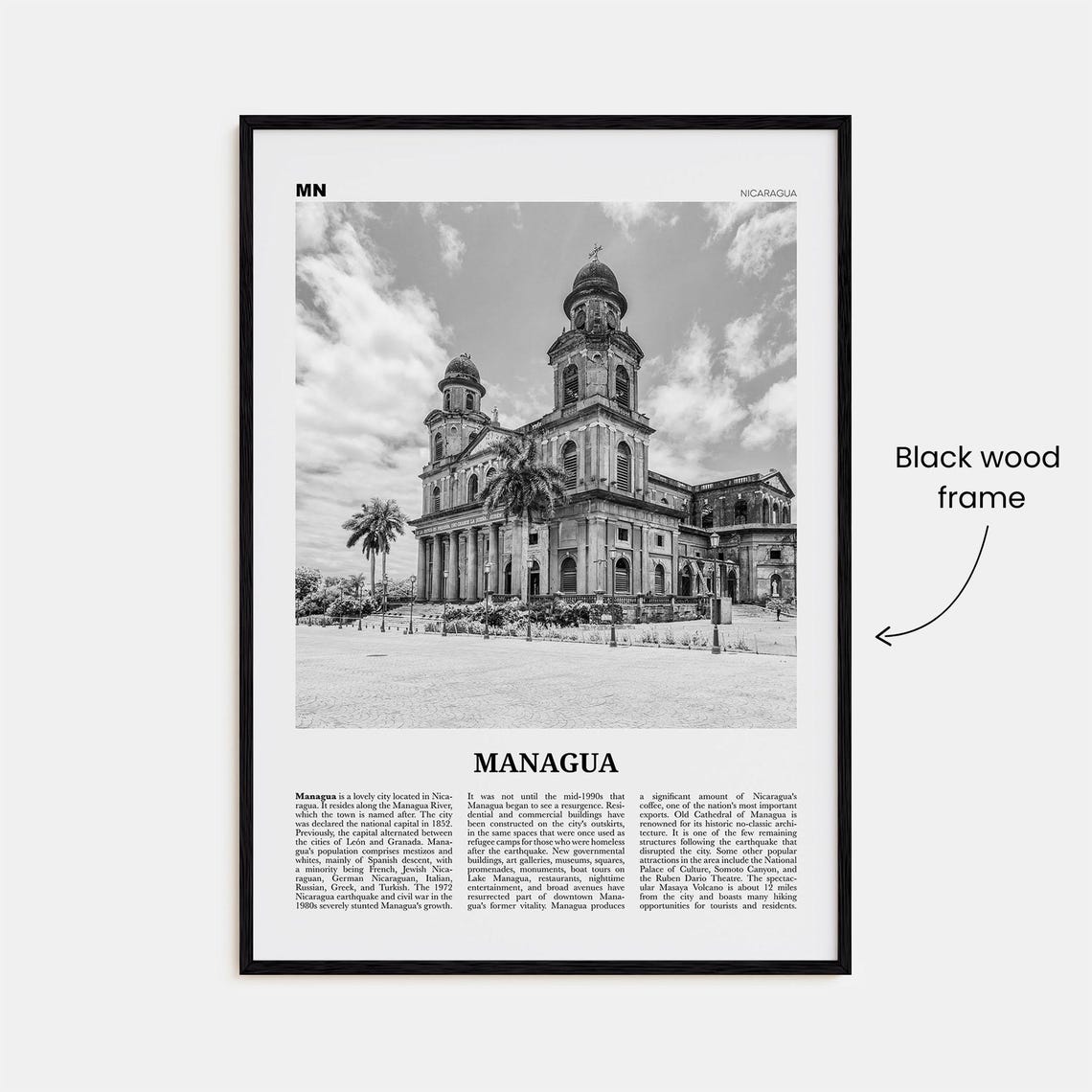 Managua Black and White Travel Poster, Nicaragua - Image 3