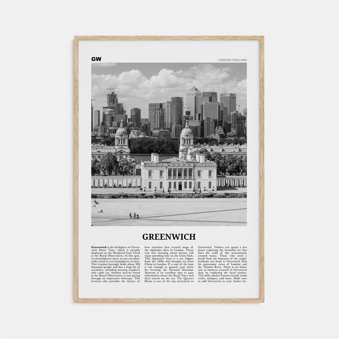 Greenwich Black and White London Travel Poster