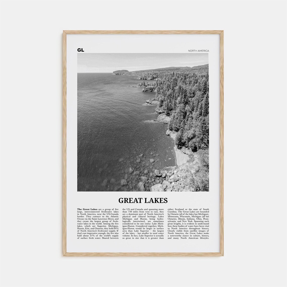 Great Lakes Black and White Travel Poster, Map