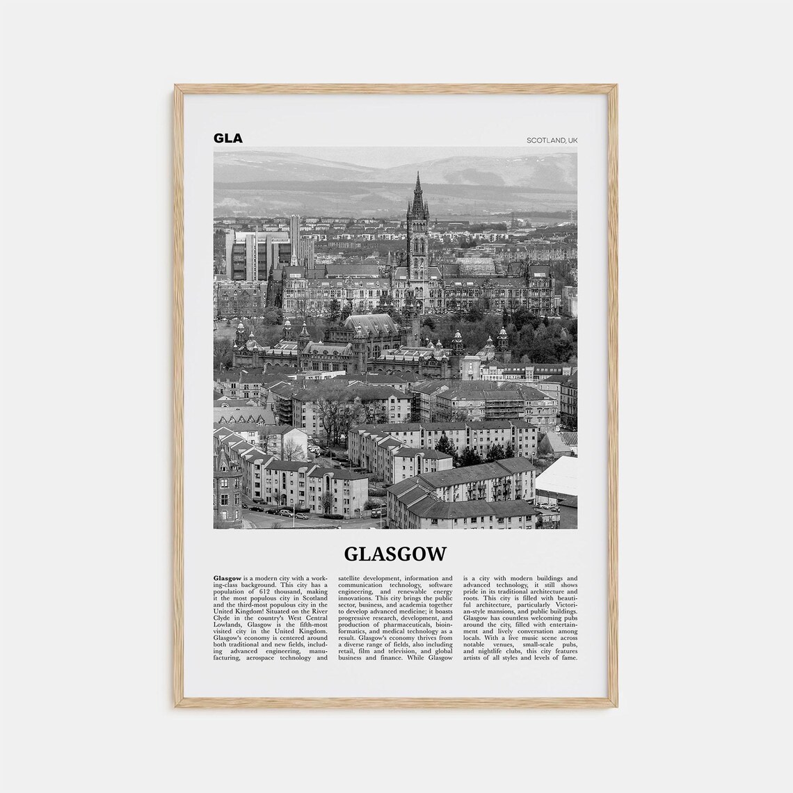Glasgow Black and White Travel Poster, Scotland