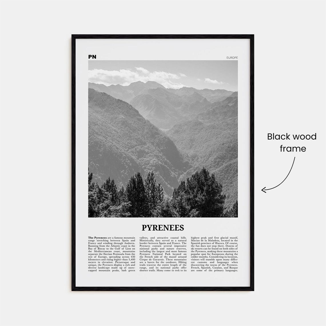 The Pyrenees Black and White Travel Poster Art Print - Image 3
