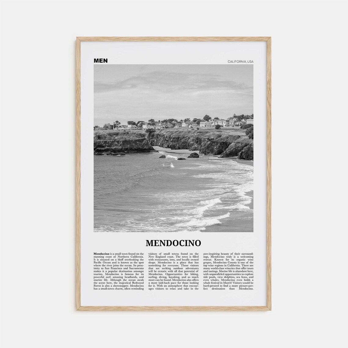 Mendocino Black and White Travel Poster, California