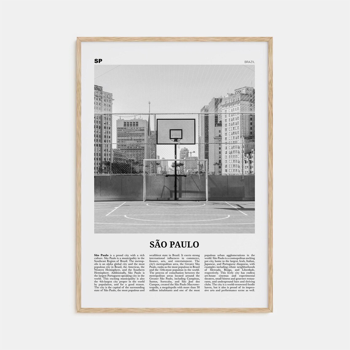 Sao Paulo Rooftop Basketball Court Downtown Black and White Poster