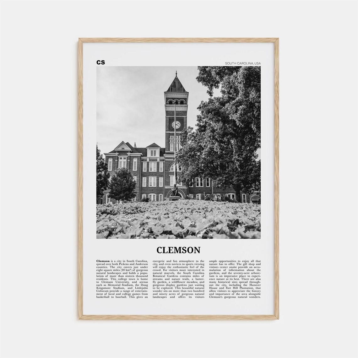 Clemson Black and White No. 1 South Carolina Map Poster