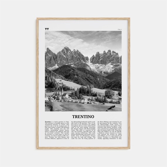 Trentino Black and White Travel Map Poster, Italy