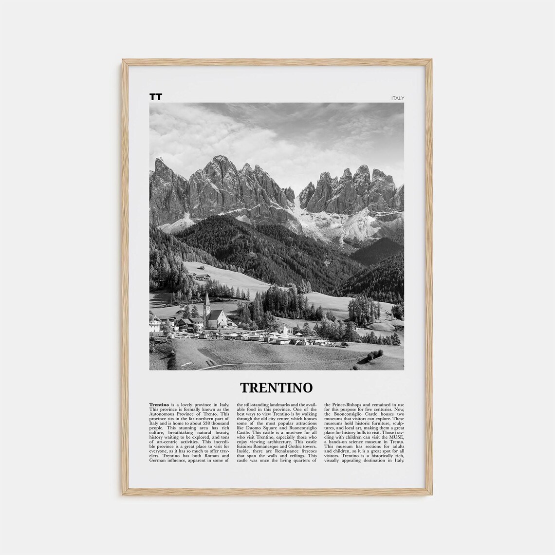 Trentino Black and White Travel Map Poster, Italy