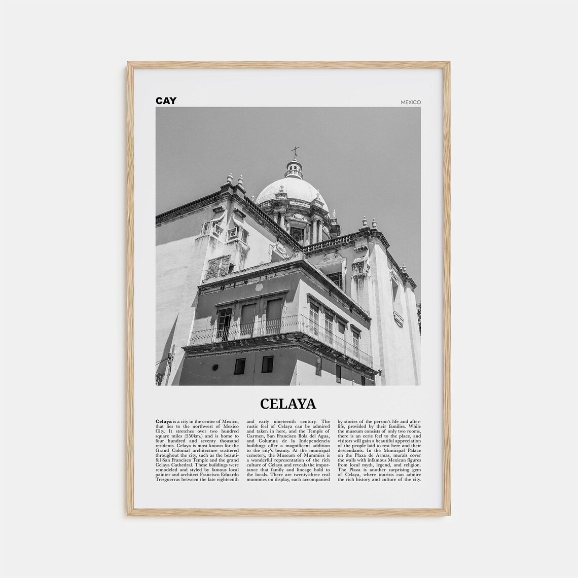 Celaya Mexico Map Art Print, Black and White