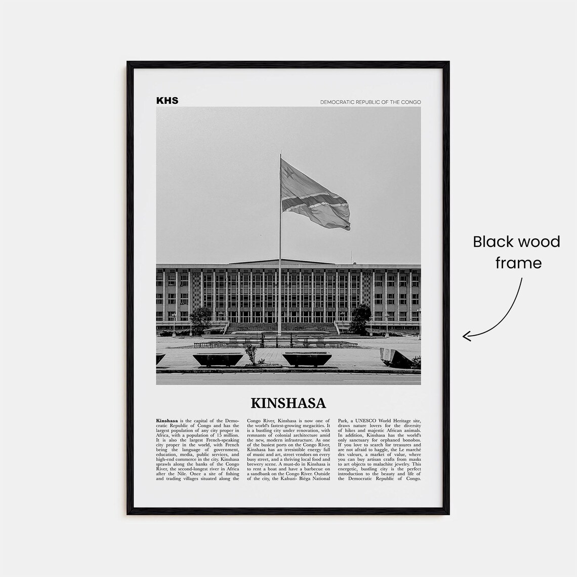 Kinshasa Black and White Travel Poster, Wall Decor - Image 3