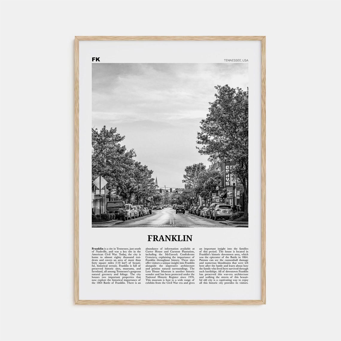 Franklin Black and White Travel Poster, Tennessee